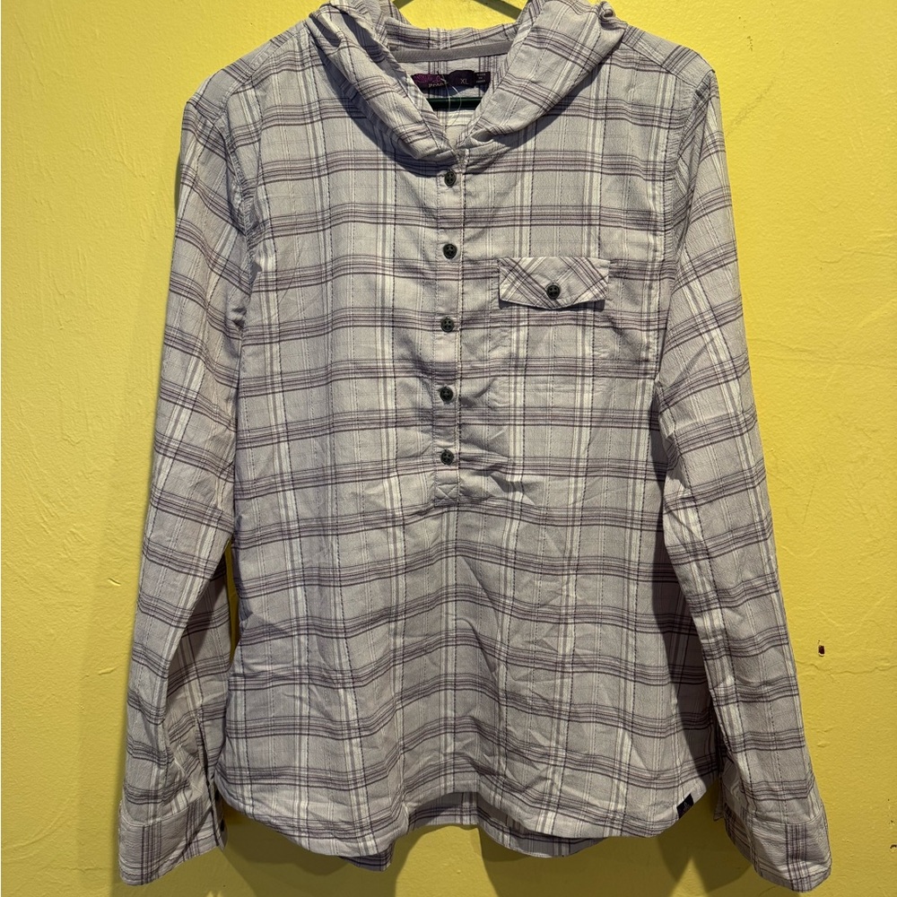 Prana Purple Plaid Button Down Hooded Shirt